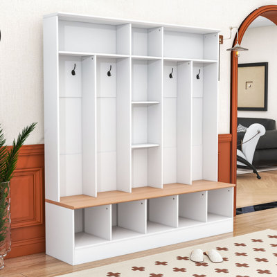 Elegant Hall Tree with Combines Coat Rack, Shoe Bench and  Storage Shelves