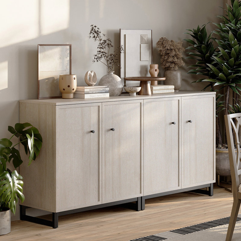 Buffet Storage Cabinet Set Of 2 With Metal Frame Base For Dinnig Room Living Room Entryway,Ivory, Beige