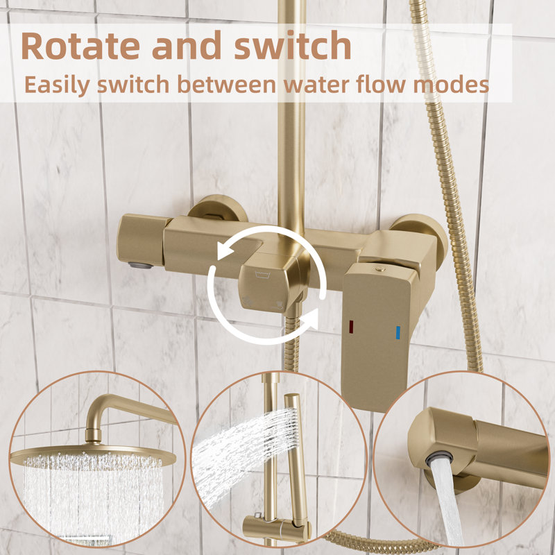 Brushed Gold 3-Function Wall Mount Shower System, 10" Rain Shower Head with Handheld Shower & Tub Spout, Brass Valve