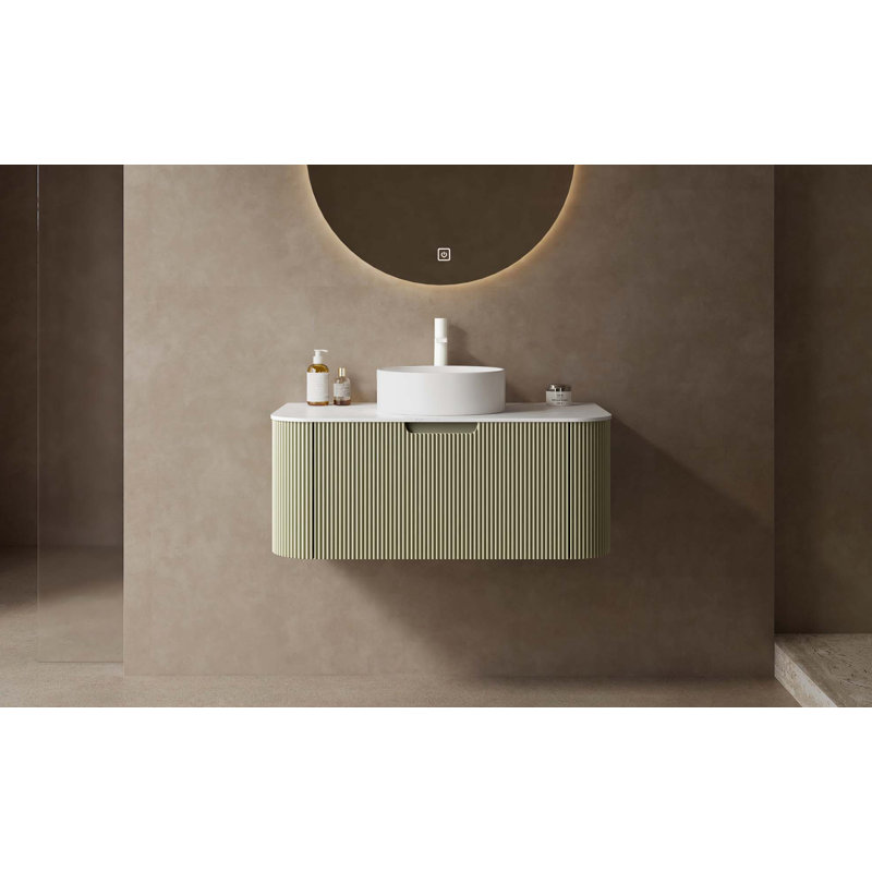 Bathroom Vanity With Sink, Modern Wall-Mounted Floating Curved Edges Striped Bathroom Storage Cabinet With A Drawer Round Ceramic Basin Without Faucet, Pre-Assembled