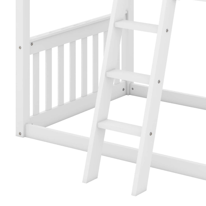 Twin Over Twin House Bunk Bed For Kids, Wood Bunk Beds With Roof, Windows, Window Box And Small Door, Floor Bunk Beds With Ladder