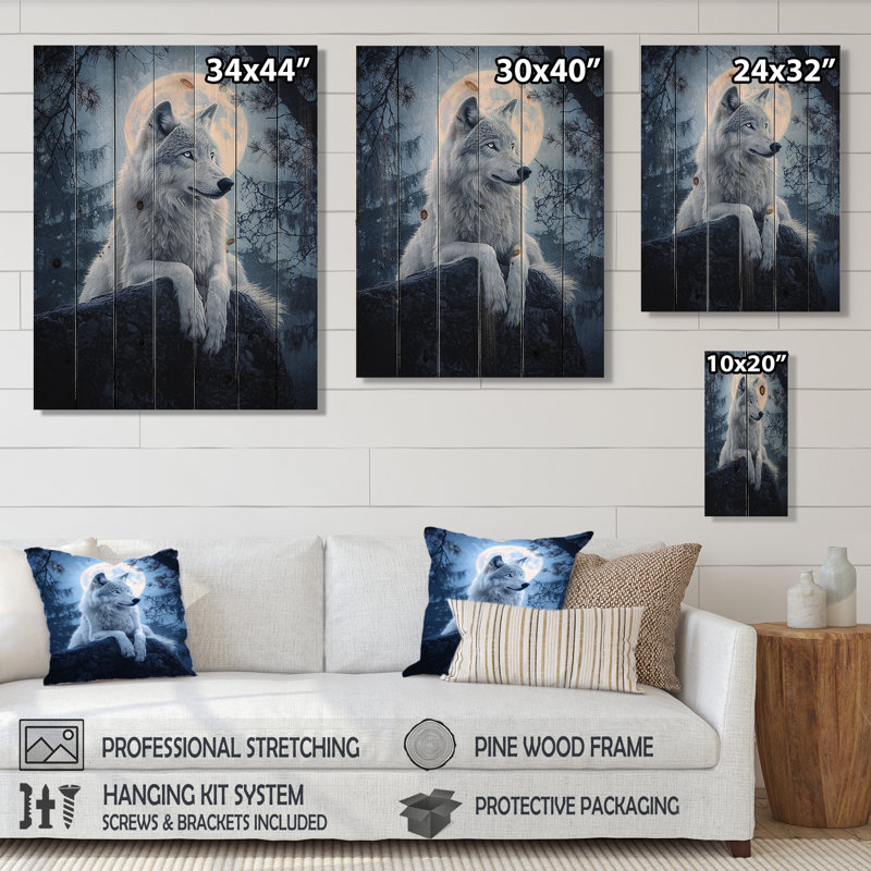 Portrait de loup au clair de lune I - Impression sur bois blanc moderne sur bois de pin naturel, H 32 po x l 24 po
