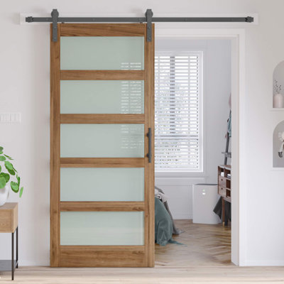 Brown Glass Manufactured Wood Barn Door with Installation Hardware Kit