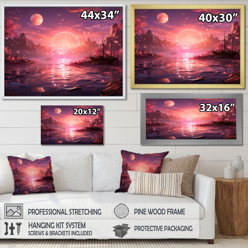 Gloomy Sunset By The Lake II - Abstract Landscape, art mural, H 24 po x l 32 po x P 1 po, Cadre doré à coins fermés