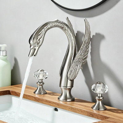 Brushed Nickel Widespread Swan Style Bathroom Sink Faucet Deck Mount Sink Mixer Tap