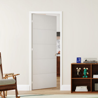 Porte intérieure française pré-montée double à 5 panneaux de style moderne avec cadre réglable, cadre en bois massif et bois manufacturé blanc (ensemble de 2)