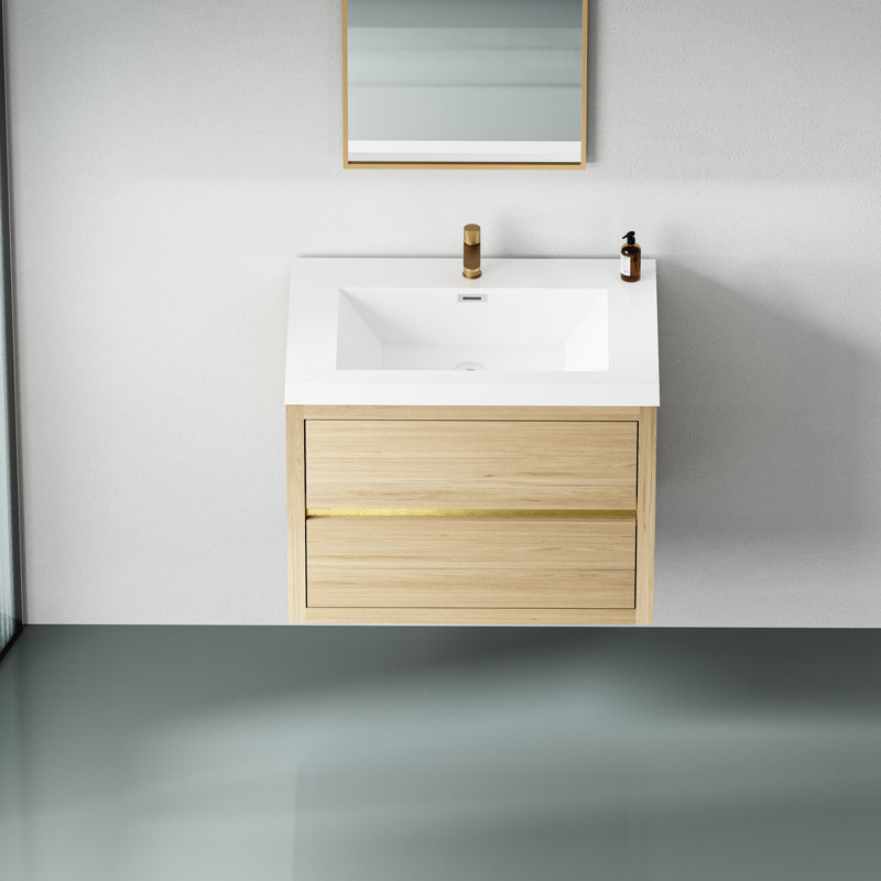 Lavabo de meuble-lavabo 30 po. Finition chêne naturel. Solution de rangement en forme de U. Surface en résine de pierre. Tiroir à fermeture en douceur pour une fonction silencieuse. Option d'installation facile. Lavabo 24v15-30no. Dignité. Valeur. Supérieur