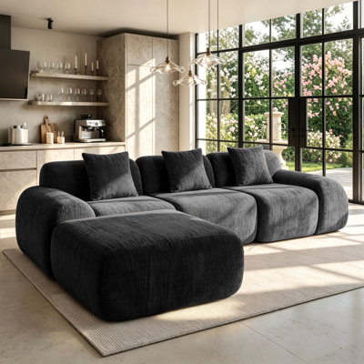 108" Wide Modern Black Chenille L-Shaped Sectional Sofa with Chaise
