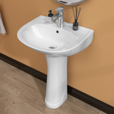 GETPRO 26.75'' Tall White Vitreous China U-Shaped Pedestal Bathroom Sink with Overflow