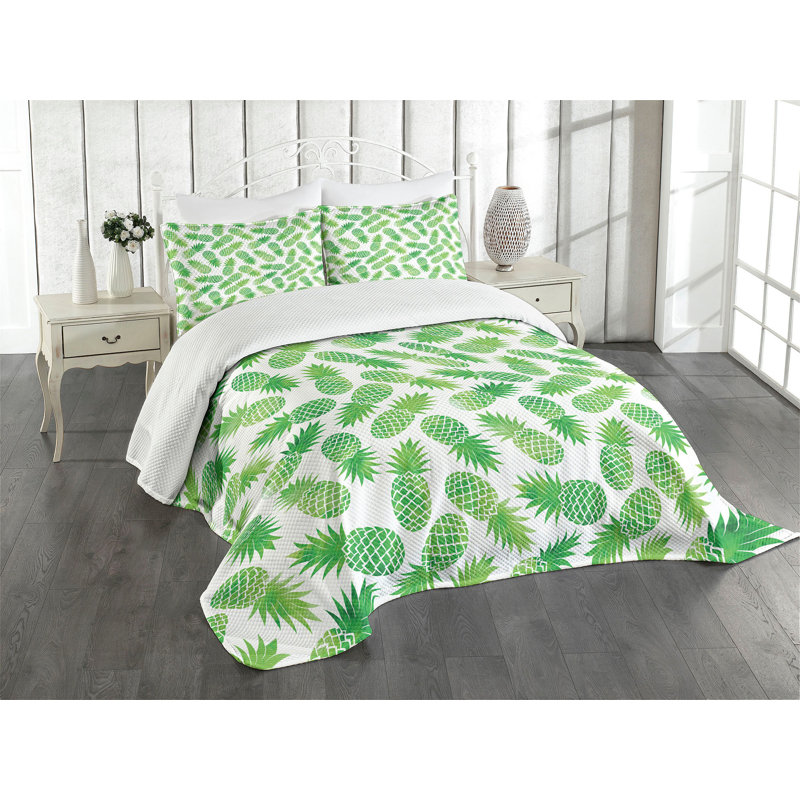 Ambesonne Green Bedspread Set Exotic Pineapple Pattern Green White, King Coverlet / Bedspread + 2 Standard Shams
