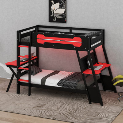 Lit superposé avec deux bureaux de jeu intégrés et ports USB, cadre de lit superposé en bois avec organisateur de panneau perforé, barrière de sécurité et échelle
