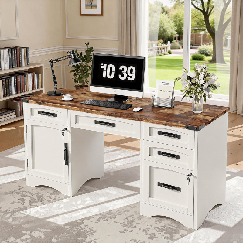 Bureau de direction 55 po avec tiroirs, classeur et prises de courant 55 po, Blanc/brun rustique