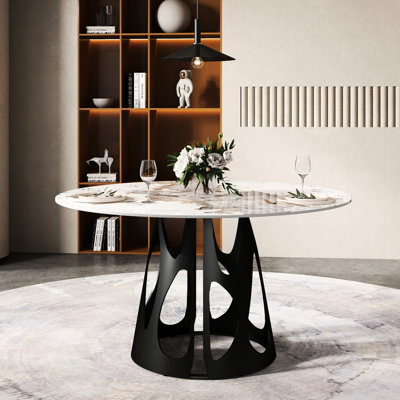 Table de salle à manger ronde de 53 po avec plateau en pierre frittée, base en fer blanc et noir, en pierre alcaline, fer à repasser, peut accueillir 6 personnes