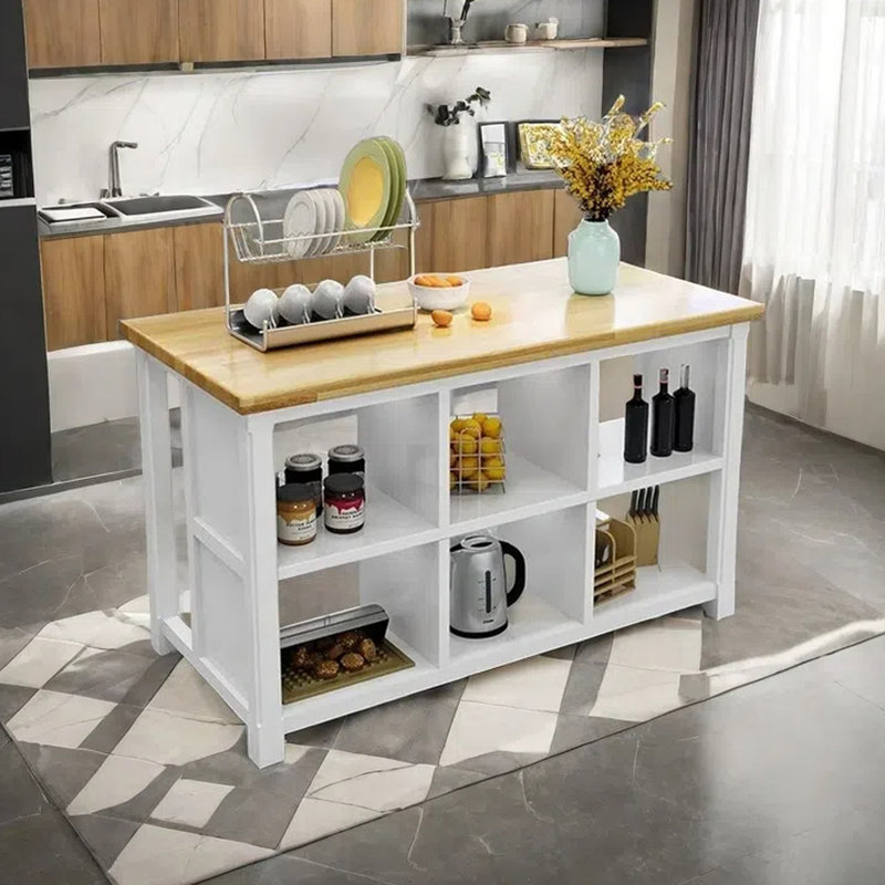 62.99" Solid Wood Kitchen Island, White