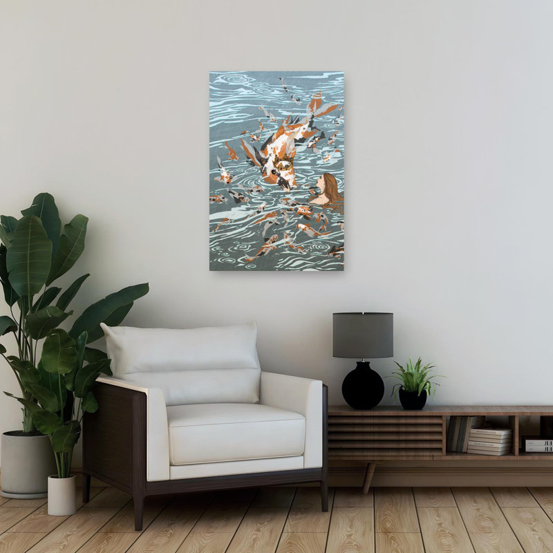 «Crowned Koi And Girl Elegant Mystical Peaceful Fish Nature», art mural, 36" H x 24" W