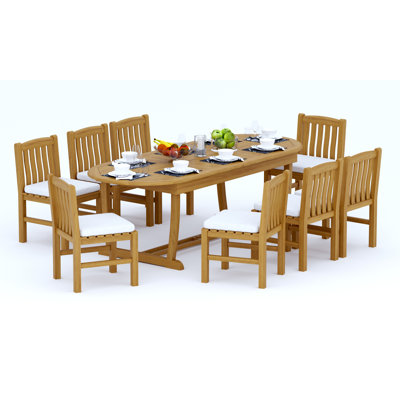 9 Pcs Grade-A Teak Wood Dining Set: 94" Mas Oval Trestle Leg Table And 8 Devon Armless Chairs #11DV2300