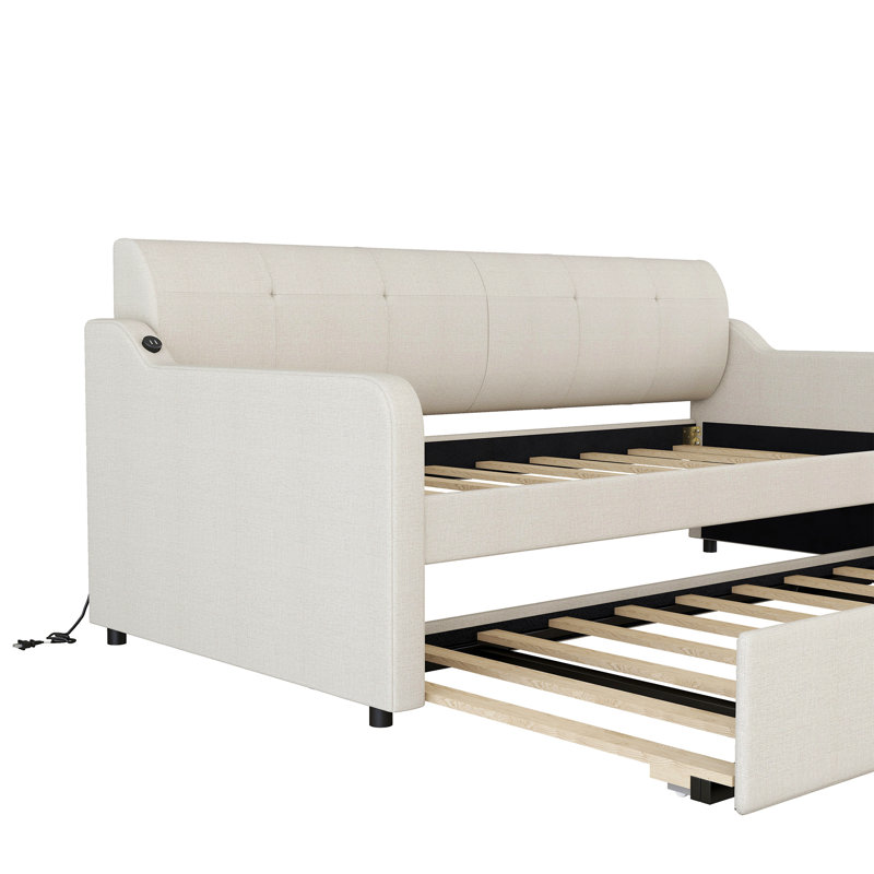 Twin Size Upholstery Daybed With Trundle And Usb Charging Design,Trundle Can Be Flat Or Erected, Beige, Twin