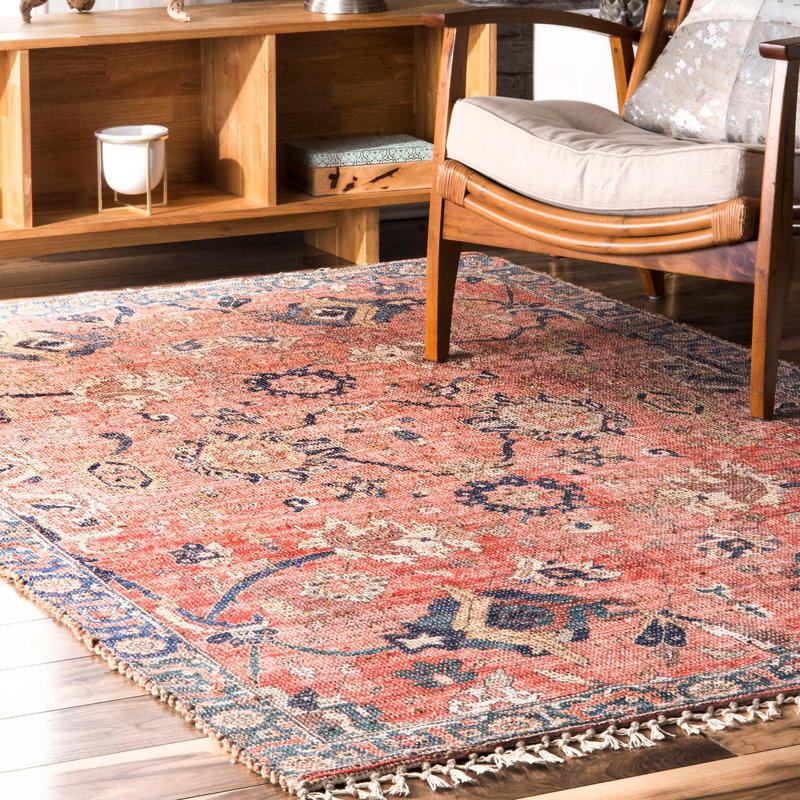Tapis corail / bleu Abou, Rectangle 7 pi 6 po x 9 pi 6 po