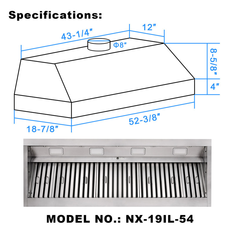 54" 1200 CFM Insert Range Hood Stainless Steel LED Light Baffle Filter Included