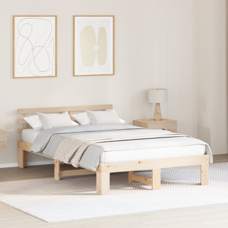 Bed Frame with Headboard Solid Pine Wood, Double (4'6), Natural