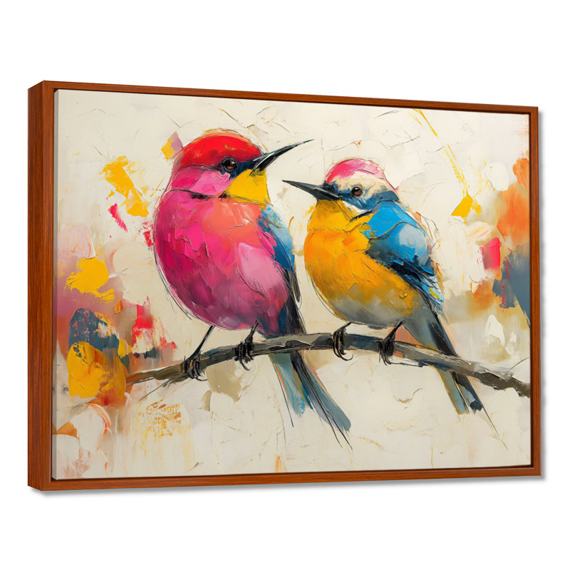 Oiseaux roses et jaunes sur une branche florale, Cadre flottant brun, H 12 po x l 20 po x P 1 po