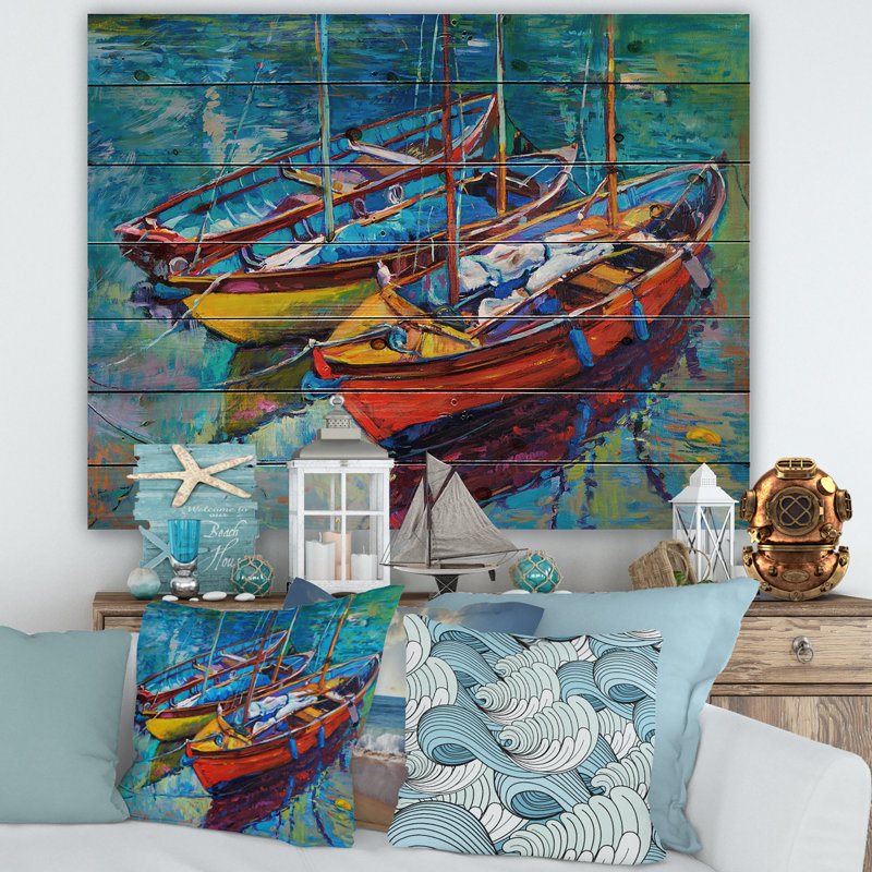 Trois bateaux dans le port - Impression nautique et côtière sur bois de pin naturel, H 25 po x l 35 po x P 0,78 po