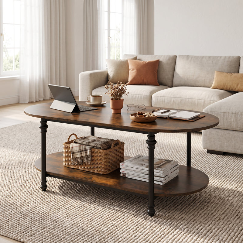 Oval 2-Tier Coffee Table with Rustic Wood Finish & Metal Legs, Vintage-Modern Center Table for Living Room
