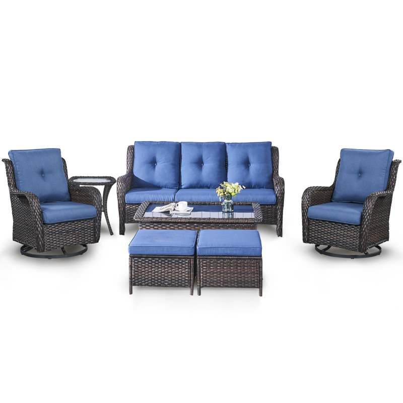 Ensemble de conversation avec canapé en rotin 7 pièces avec coussins Bonia, Brun, Bleu
