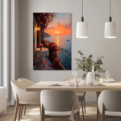 2D Flat, 1Pc Framed Canvas Wall Art, Mediterranean Balcony, Sunset Sea View, Romantic Realism Art Print Canvas Poster Painting Room Wall Decor, Ideal