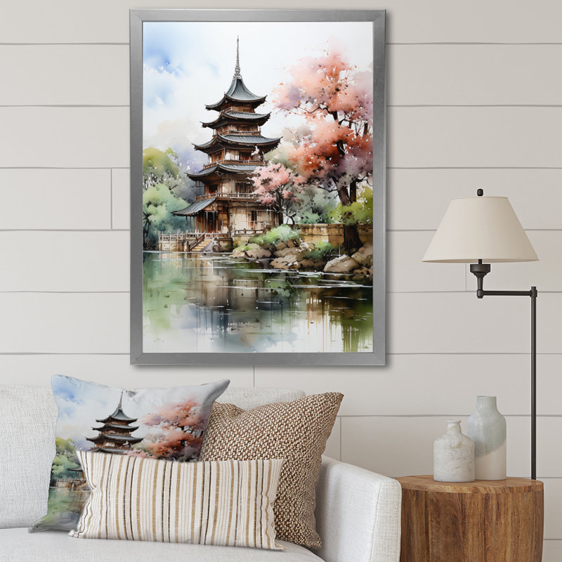Taeryn Asian Art Serene Pagoda II, reproduction d'art sur toile, Impression argent sur toile encadrée
