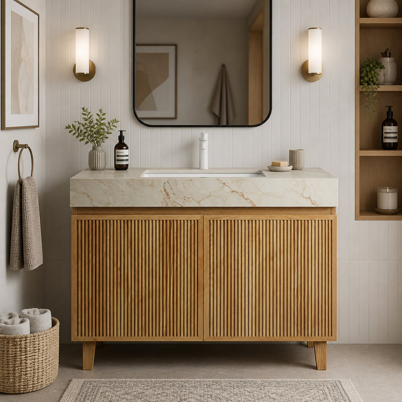 Meuble-lavabo autoportant de 91 cm (36 po) avec comptoir en pierre frittée couleur crème veinée or, lavabo en céramique et un trou pré-percé pour robinetterie.