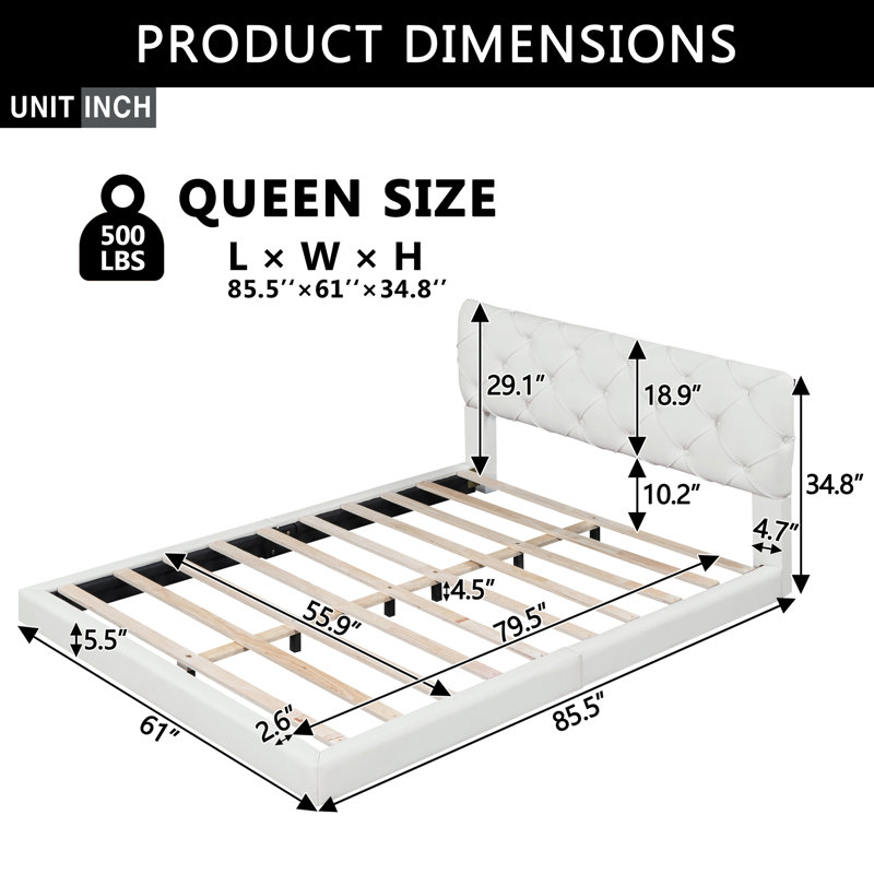 Luxury Upholstered Platform Queen Bed With Foam Filled Headboard And Solid Solid Wood Construction, White