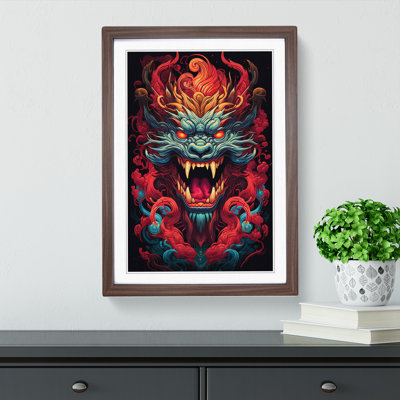 Chinese Dragon Geometric No.2 - Single Picture Frame Print on Wood