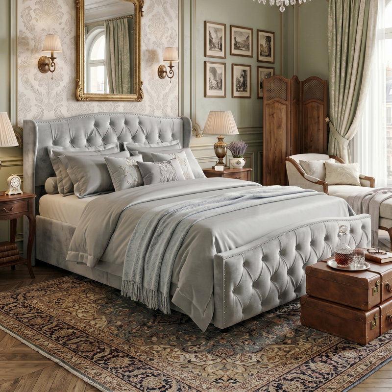 UK & EU Sizes Velvet Ottoman Bed Frame with Hydraulic Gas Lift Storage, Diamond Tufted Wave Wingback Upholstered Platform Bed with Nailhead Trim, Grey/Beige