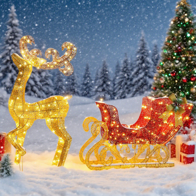 Décoration de Noël renne et traîneau, 200 décorations extérieures de Noël éclairées, décorations de Noël pour cour de jardin, renne doré et traîneau rouge