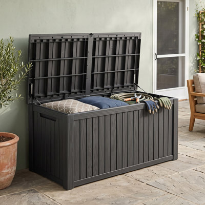 210 Gallon Weatherproof Outdoor Deck Storage Box with Lockable Lid & Resin Construction, Black