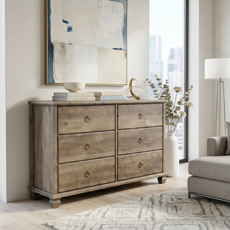 Weston 46.3" W Traditional Brown 6-Drawer Dresser with Solid Wood Legs, Knotty Oak