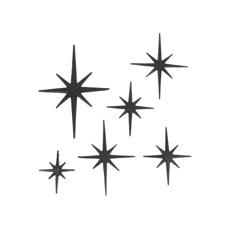 Mid-Century Modern black enamel cast iron 8-point starburst wall sculptures — set of 6, 4.25-8.75" L x 0.25" W x 4.75-12" H