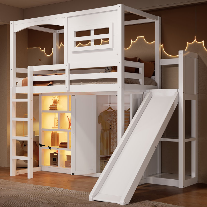 Twin Size Loft Bed With Wardrobe, Shelves, Slide And LED Lights