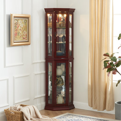 Vitrine d'angle avec lumières, tablettes réglables en verre trempé, dos en miroir, vitrine, cerisier (ampoule E26 non incluse)