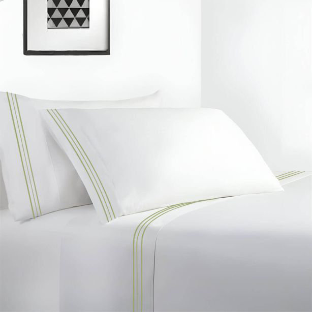 400TC Cotton Sateen Classic Embroidery Cotton 4 Piece Sheet Set Fitted Sheet Fits Upto 16" Deep Pocket, Sage, Full Sheet Set