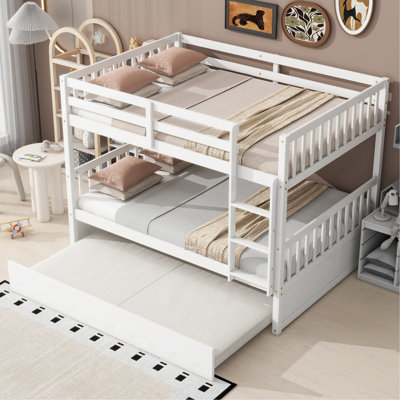 Full Over Full Rubber Wood Bunk Bed With Trundle, Ladder And Guardrails, Convertible To 2 Full Size Beds, With Twin Size Trundle,White
