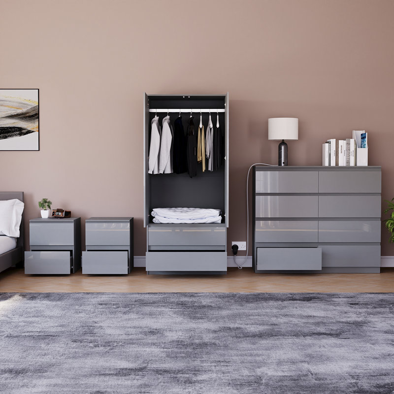 Taniesha 4 Piece Bedroom Set (2 Drawer Bedside Chest X2, 3 Drawer Chest, 2 Door 2 Drawer Wardrobe), (100% FSC), Grey