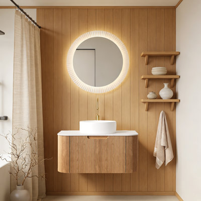 Meuble-lavabo de salle de bain 30 po, meuble-lavabo rayé à bords arrondis avec tiroir, cuve ronde en céramique blanche et plateau en pierre frittée blanche de Carrare, pré-assemblé, couleur grain de bois naturel