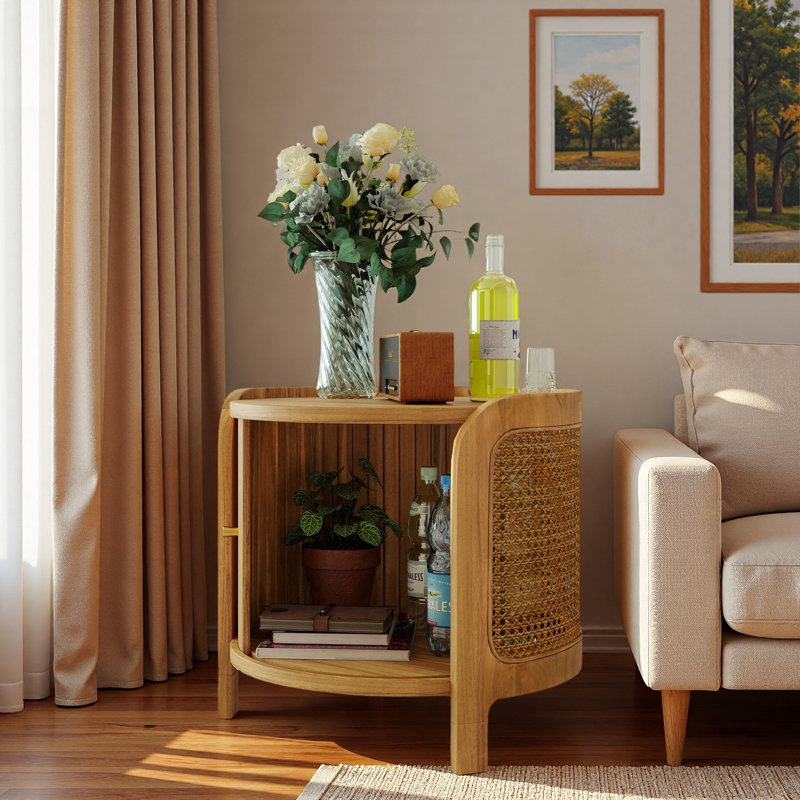 Table de bout rotative moderne avec rotin et rangement caché