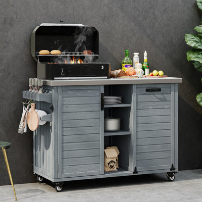 Îlot de table pliable de 78 po avec rangement pour poubelles, plateau et roulettes en acier inoxydable, bois de sapin massif, bleu gris