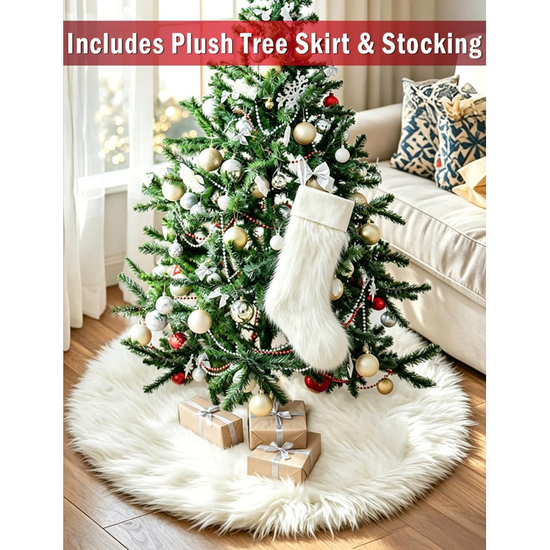 Jupe de sapin de Noël en fausse fourrure avec chaussette en peluche, tapis de sapin moelleux, décoration de Noël hivernale et chaleureuse