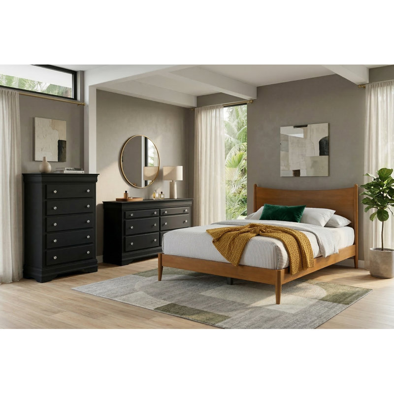 Barvelle Solid Wood 3 Pieces Bedroom Set, Black/Amber Walnut, 3 Pcs: Bed, Dresser, Chest