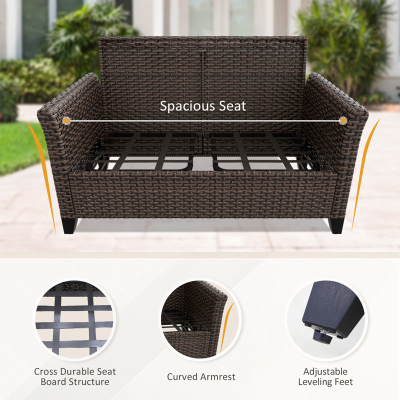 Powder Coated Black Steel Two-Seater Wicker Loveseat with Blue Cushions