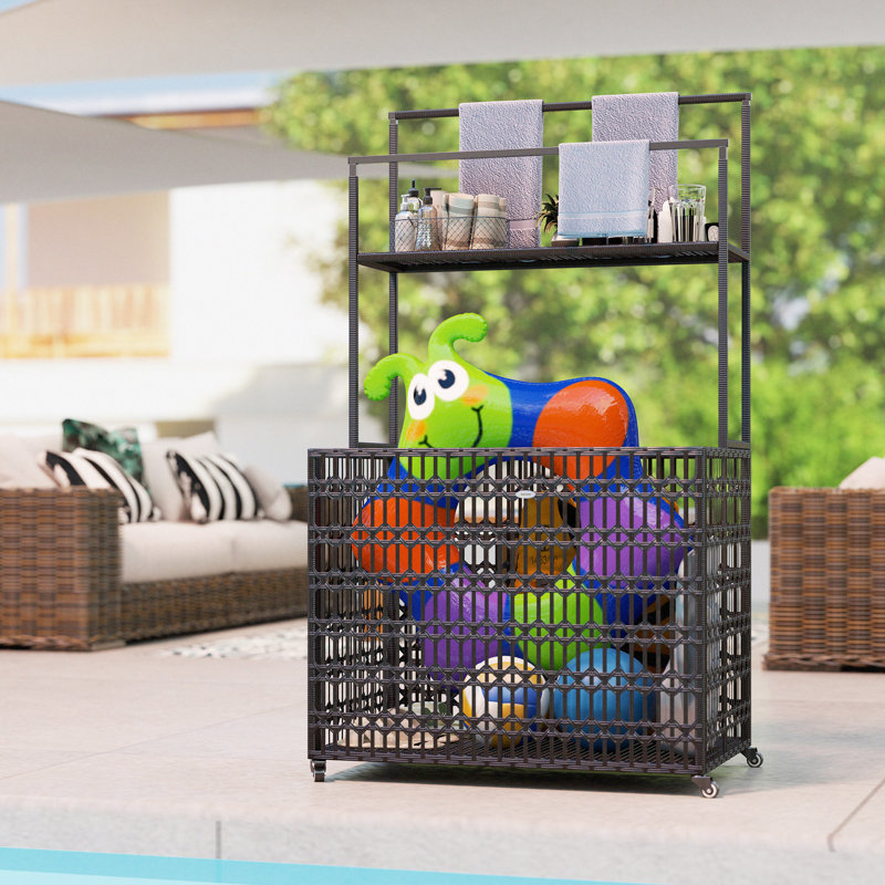 Wicker Pool Float Storage Organizer, PE Rattan Pool Float Holder with Basket Shelf Towel Bars, Rolling Pool Caddy for Floaties, Noodles, Life Vests, Beach Balls, Brown
